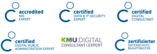Zertifikate Ing. Patrick Josef Pammer Stand 8. September 2025: Akkreditierter NIS Experte Zertifizierter Datenschutzbeauftragter Certified Data & IT Security Expert Certified Digital Consultant Certified Digital Public Administration Expert KMU Digital Expert Geprüfter Datenschutzexperte